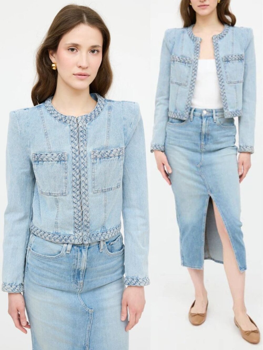 Veronica Beard Arrowe Braided Denim Chambray Light Blue Cropped‎ Jacket Size 2